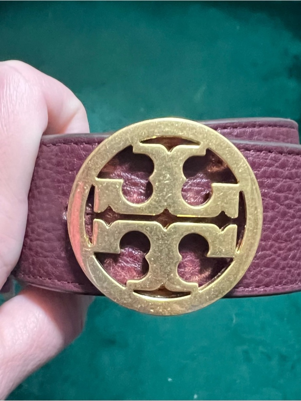 Reversible Tory Burch Gold Logo Leather Belt - Burgundy/tan